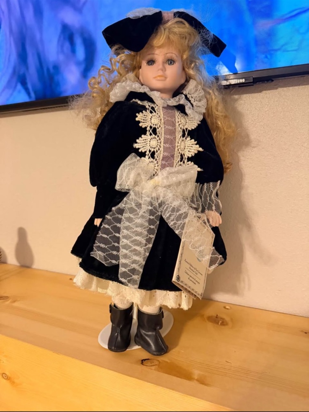 Porcelain Collector Doll in Black and Cream Lace Dress